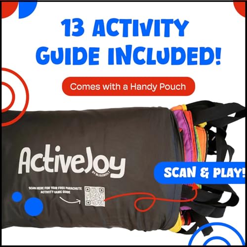 Activejoy - Parachute for Kids - 8ft /12ft / 16ft / 20ft / 24 ft / 30ft - Rainbow Parachute Toy with Handles - Great for Gym Class, Field Day & Outdoor Games - size: 16FT - 18 HANDLES
