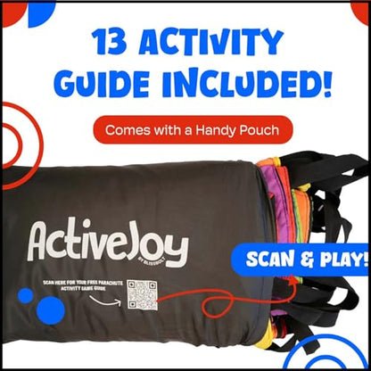 Activejoy - Parachute for Kids - 8ft /12ft / 16ft / 20ft / 24 ft / 30ft - Rainbow Parachute Toy with Handles - Great for Gym Class, Field Day & Outdoor Games - size: 16FT - 18 HANDLES