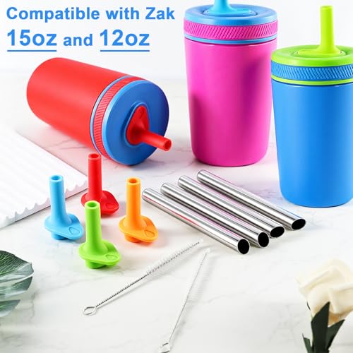 4SET Replacement Metal Straws and Bites Valve Compatible with Zak Designs Kelso 15 oz Tumbler Water Bottle, 304 Stainless Steel Stem Set with 2PCS Cleaning Brushes for Zak Designs Kelso 12 oz Cups