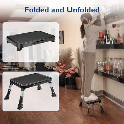 BONTEC Folding Step Stool, 3-Level Adjustable Metal Step Stool, 330lbs - color: Black
