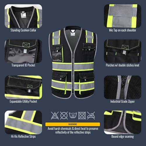 JKSafety Safety Vest for Men Women Hi Vis with Pockets and Cushioned Collar Construction Vest Meet ANSI Standard (BX360) - color: Black, size: Large