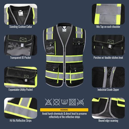 JKSafety Safety Vest for Men Women Hi Vis with Pockets and Cushioned Collar Construction Vest Meet ANSI Standard (BX360) - color: Black, size: Large