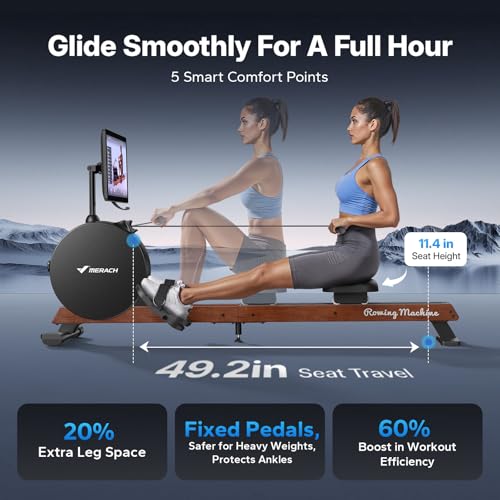 MERACH Pro-Grade Rowing Machines for Home, Smart Magnetic Rowing Machine with Self-Generation, Double Resistance and 400 LBS MAX Load, Wooden Tracks for Silent Sliding - style: R7-HD Screen
