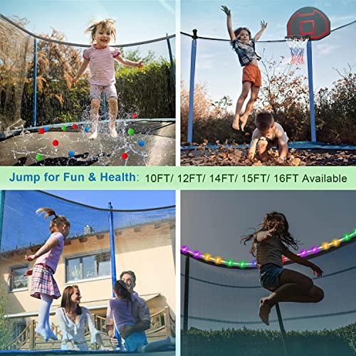 1500 LBS Trampoline for Adults 10 Kids, 15FT 16 FT Trampoline with Sprinkler, Basketball Hoop Enclosure Net, Water Ball, Light with Speaker, Sock - ASTM CPC CPSIA Heavy Duty Outdoor Trampoline