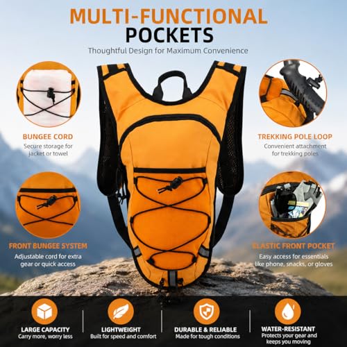 Lightweight Hydration Backpack 2L Water Bladder Pack for Running, Cycling, Hiking – Anti-Theft Water Backpack with Phone Holder, Trekking Pole Holder & Reflective Strips for Men & Women - color: Orange