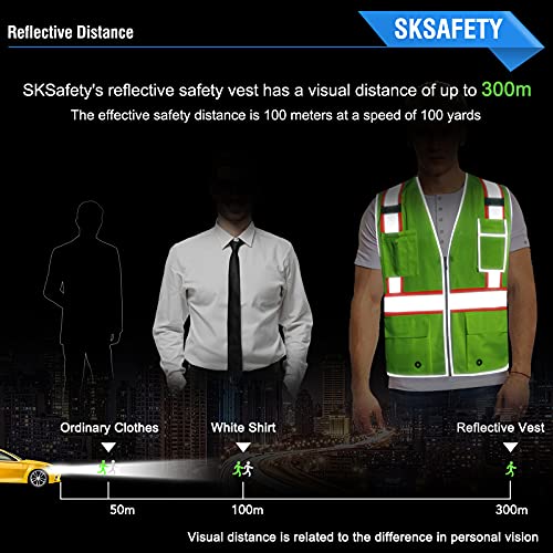 SKSAFETY 10 Pockets Safety Vest, Class 2 High Visibility Security with Zipper Double-sided mesh, Hi Vis Vest with Reflective Strips, ANSI/ISEA Standard, Construction Work Vest （Lime, 4XL） - color: Yellow Mesh, size: 4X-Large
