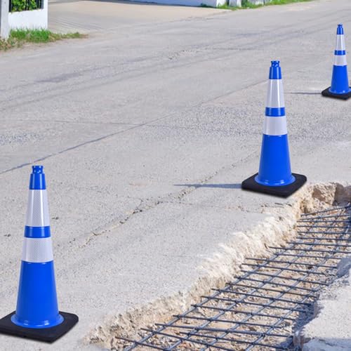 4 Pack 28 Inch Blue PVC Traffic Cones Black Base Stable Flexible, Road Safety Construction Zone Crowd Control Parking Safety Cones (4, Blue, 28 Inch) - color: Blue, size: 28 Inch