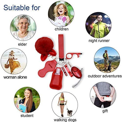 Safety Keychain Full Set for Women, Safety Keychain Set with Personal Alarm, 9 Pcs Protective Accessories for Women - color: Red