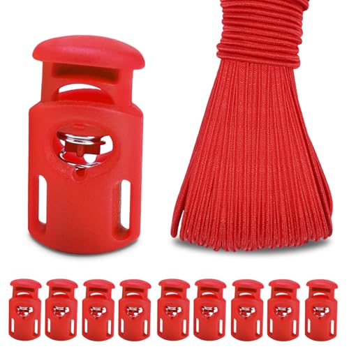 10 Meter 3mm(1/8Inch) Elastic Bungee Shock Cord Stretch String, 25pcs Plastic Cord Locks Spring Toggle Stopper for Drawstring Backpack Shoelaces(Red) - color: 14-Red 25pcs Cord Locks+ 10 Meter Elastic