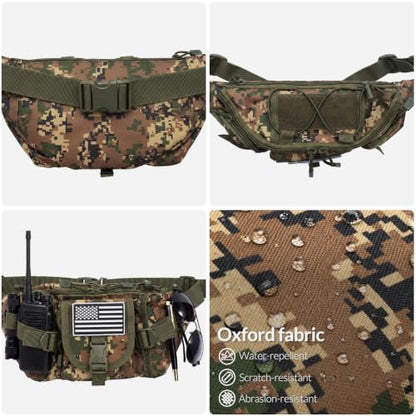 Hiking Fanny Pack Waist Bag, Portable Tactical Fanny Pack with 5 Zipper Pockets, Large Crossbody Waist Belt Hip Bag for Men Women Fishing Travel Cycling Bumbag with U.S Patch - Woodland Camo - color: Woodland Camo