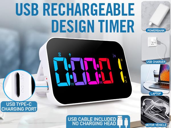 Kitchen Timer（1.5" Number）with Voice Reminder,10 RGB Color Changing Digital Magnetic Timer, Countdown/Up, Rechargeabilit, Brightness Display, 3 Volume Levels and Vibration Mode, for Classroom, Cooking - color: 5''rgb Charge+voice