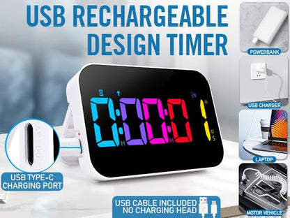 Kitchen Timer（1.5" Number）with Voice Reminder,10 RGB Color Changing Digital Magnetic Timer, Countdown/Up, Rechargeabilit, Brightness Display, 3 Volume Levels and Vibration Mode, for Classroom, Cooking - color: 5''rgb Charge+voice