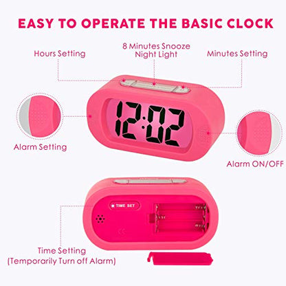 Plumeet Kids Alarm Clock Large Digital LCD Travel Alarm Clocks with Snooze and Night Light - Ascending Sound and Handheld Sized - Best Gift for Kids (Pink) - color: Pink