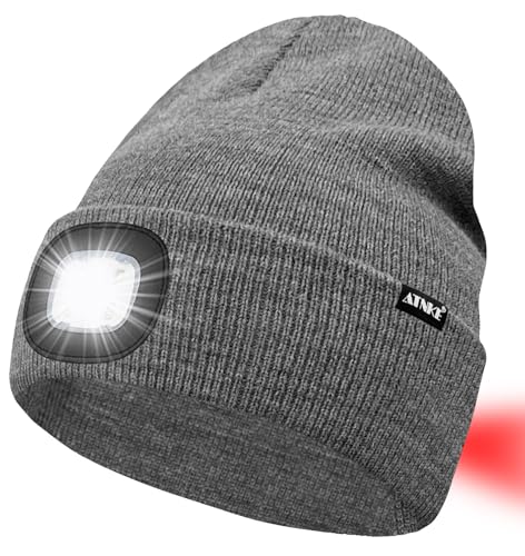 ATNKE LED Lighted Beanie Hat,USB Rechargeable 8 LED Red Glow Flashing Alarm Running Headlamp Cap Gifts for Men and Women - color: #Grey