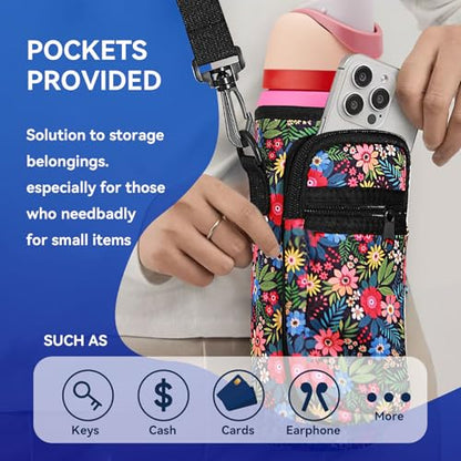 Neoprene Water Bottle Holder Bag with Cell Phone Pocket Compatible with Owala FreeSip 24 oz，Water Bottle Carrying Bag ，with Adjustable Shoulder Strap,for 24oz Stainless Steel Water Bottle - color: Wild Flower