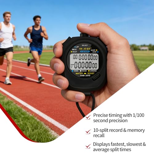 2 Pack Multi-Function Electronic Digital Sports Stopwatch Timer with 10-Lap Split Timing and Dual Row Display, Ideal for Sports Coaches and Referees