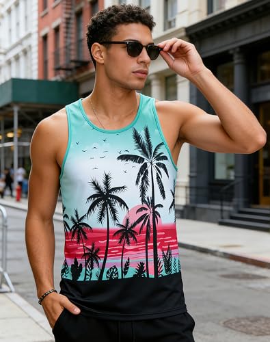uideazone Mens Beach Tank Tops Summer Graphic Sleeveless Workout Shirt - color: Cocount Tree, size: XX-Large