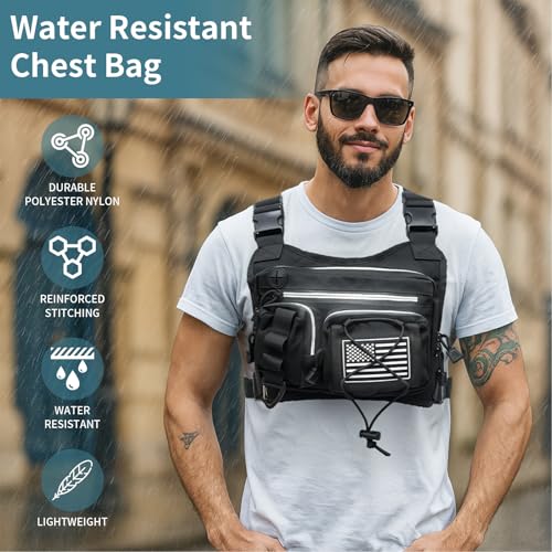 Tactical Breathable Chest Bag, Multi-functional Running Vest, Featuring Reflective Zipper Pocket and Flag Patch, Adjustable Straps, for Night Running, Hiking, Cycling and Fitness Use (Black)