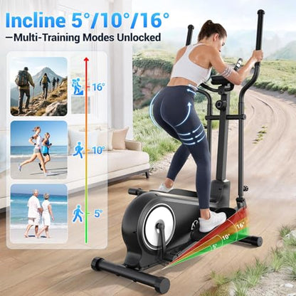 ANCHEER Elliptical Exercise Machine Foldable Elliptical Trainer 16" Stride - color: Black with White