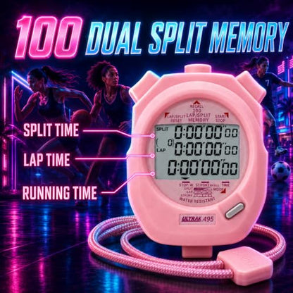 ULTRAK 495 Stopwatch – Pink Professional 100-Lap Digital Timer, Countdown Interval Tracker, Water-Resistant Sports Watch, Chronograph for Coaching & Training - color: Pink