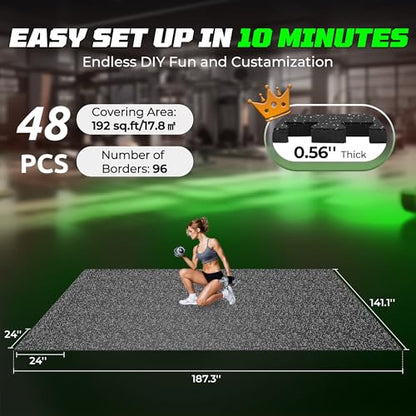 PRAISUN 0.56" Rubber Top Gym Flooring, Heavy Duty Gym Mats for Home Gym - size: 48 Tiles (192 Sq Ft)