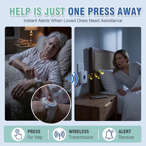 Daytech Wireless Wrist Pager Caregiver Call Button in Home System Watch Alarm Nurse Personal Help Alert for Patients Elderly 1 Watch Call Button 2 plugin Receiver - size: 1 watch+2 receivers