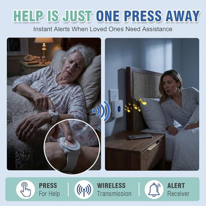 Daytech Wireless Wrist Pager Caregiver Call Button in Home System Watch Alarm Nurse Personal Help Alert for Patients Elderly 1 Watch Call Button 2 plugin Receiver - size: 1 watch+2 receivers