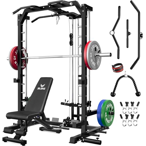 JELENS SR01 Smith Machine, 2000LBS Multi-Function Power Cage with LAT Pulldown System, All-in-One Home Gym Squat Rack with Smith Bar and Training Attachments for Full Body Workouts - color: Black, size: 190LB Colored Weights Package