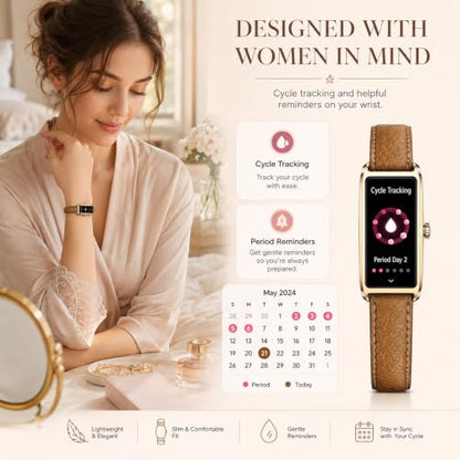 Elegant Smart Watch for Women AMOLED Fitness Tracker with Leather Band - color: Champagne Gold Cherry