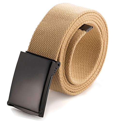 Mile High Life Cut To Fit Canvas Web Belt Size Up to 52" with Flip-Top Solid Black Military Buckle - color: 1 Pack Khaki