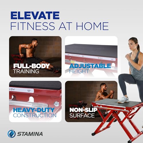 Stamina X 12" to 24" Adjustable Height Plyo Step Up Exercise Box For Home Workout with Access to Muuv, Non-Slip Surface and Workout Guide, Black/Red