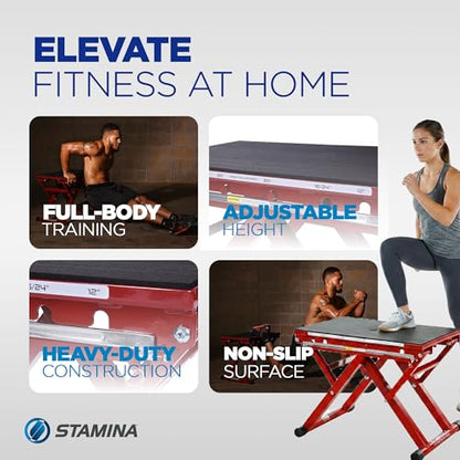 Stamina X 12" to 24" Adjustable Height Plyo Step Up Exercise Box For Home Workout with Access to Muuv, Non-Slip Surface and Workout Guide, Black/Red