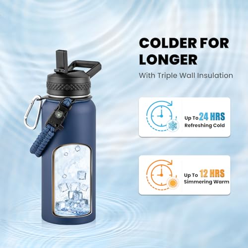 RAYMYLO Insulated Water Bottle 32 oz, Triple Wall Vacuum Stainless Steel - color: Dark Blue, size: 32 Ounces