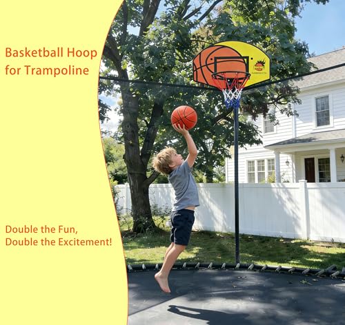 Trampoline Basketball Hoop, Fits Most Straight & Curved Poles, with Stainless Steel Angle-Adjustable Mounting Base, Includes Mini Basketball & Pump (with Clamp, 21 * 14inch)
