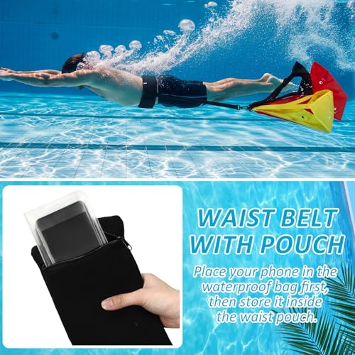 Foilswirl 4 Pcs Swimming Parachute Resistance Training Set Adjustable Swim Belt with Zippered Phone Pouch 3 Interchangeable Drag Parachute for Progressive Strength Endurance Speed Training
