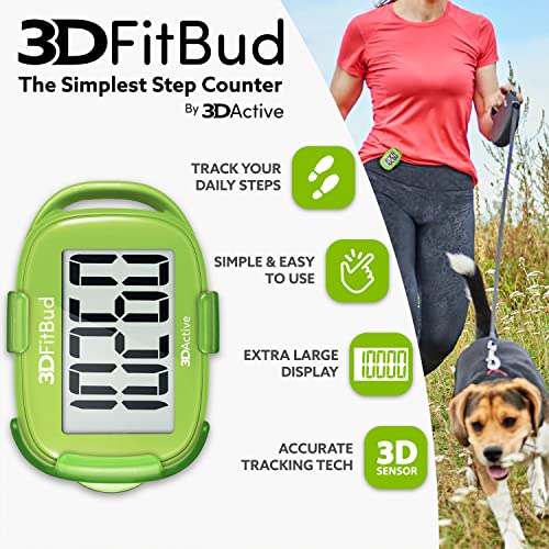 3DFitBud Simple Step Counter Walking 3D Pedometer by 3DActive with Clip, Lanyard Accurate Step Tracker Large Display, Easy to Use for Kids Men Women Adult Seniors Daily Step Tracking - A420S - color: Green