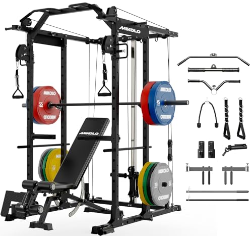 Mikolo Power Cage, Power Rack with Cable Crossover System, 1500LBS Squat Rack with LAT Pull Down System, Workout Cage with Pulley System for Fitness Home Gym - color: Black, style: Package with Color BP 370LB