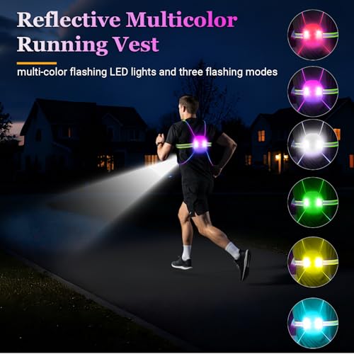 Reflective Running Vest: Rechargeable LED Running Gear with 3 Modes and 7 Colors, Adjustable Running Lights for Runners, Reflective Safety Vest for Night Running