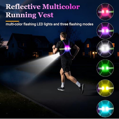 Reflective Running Vest: Rechargeable LED Running Gear with 3 Modes and 7 Colors, Adjustable Running Lights for Runners, Reflective Safety Vest for Night Running