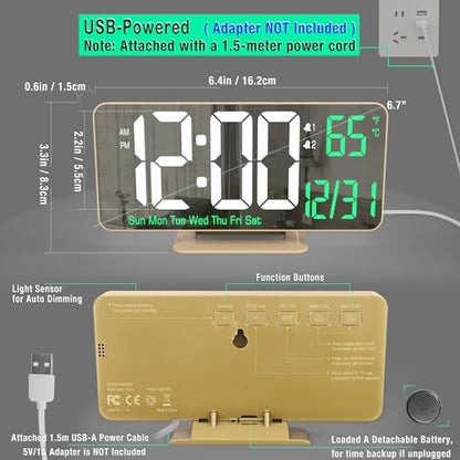 KOSUMOSU Desk Clock for Bedroom Accessories 6.7in Gold Digital Alarm Clock with Dimming,12/24h, Date, Day of Week, Temp, LED Clock, Modern Digital Calendar Clocks for Living Room Essentials - color: Gold Clock