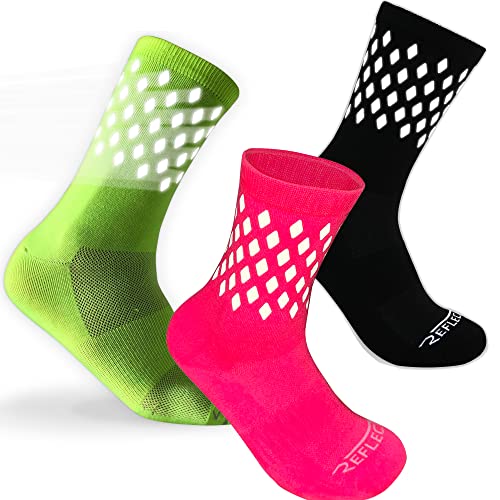ReflecToes Reflective Socks for cycling and running - 330 Candle Power High Visibility Night Safety Gear - Biomotion Support - color: Pink-black-yellow-3pair, size: X-Large
