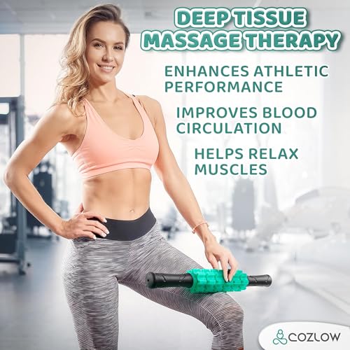 Muscle Roller Stick, Green, Hand Held Body Massager, 9 Rollers - color: Green