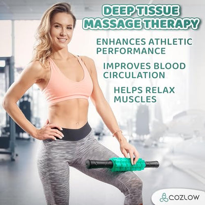 Muscle Roller Stick, Green, Hand Held Body Massager, 9 Rollers - color: Green