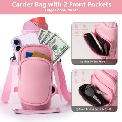 Water Bottle Holder Carrier Bag Fits Stanley IceFlow Owala 16/24/32/40oz - color: Rose Pink, size: 16-40 Oz wihtout Handle
