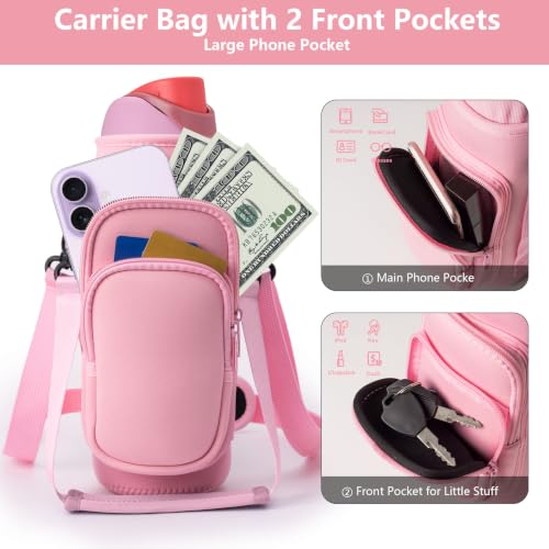 Water Bottle Holder Carrier Bag Fits Stanley IceFlow Owala 16/24/32/40oz - color: Rose Pink, size: 16-40 Oz wihtout Handle