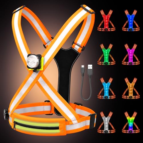 500LM Running Lights for Runners,7+8 Front & Back Light Modes & 360° Reflective Running Vest with Light Up Zip Waist Bag,IPX4 Waterproof High Visibility Rechargeable Gear for Night Walking/Cycling - color: orange