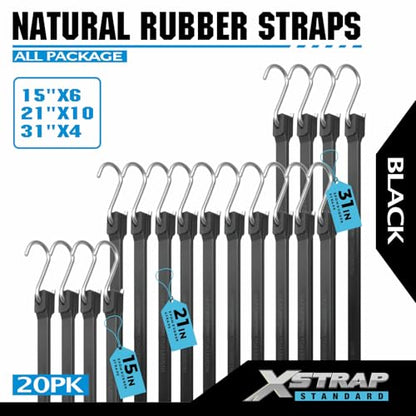 XSTRAP STANDARD Multiple Size Natural Rubber Bungee Cords 20PK Tarp Straps - size: 15''+21''+31''