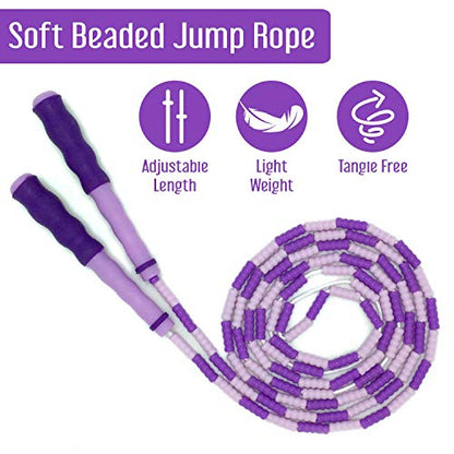 Jump Rope for Fitness, Home Work-Out; Adjustable with Anti-Slip Grip, Soft Plastic Beaded, Tangle-Free, Indoor and Outdoor Exercise (Purple)