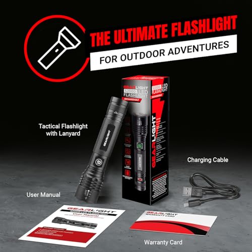 GearLight LED Flashlight High Lumens, Rechargeable Tactical Flashlight, Bright Handheld Flashlight for Camping, Hunting, Home, Security, Hiking, Walking at Night & Emergency Use - color: S2000 Black, size: Rechargeable