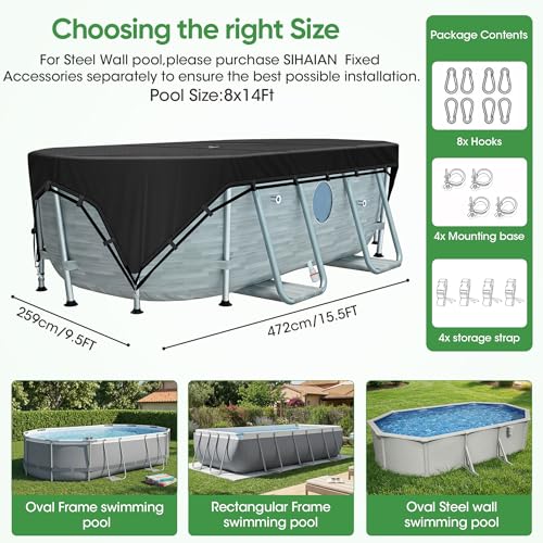 SIHAIAN 8x14Ft Oval Pool Cover Patented Design Four-Corner Locking 500D Rectangular and Oval Pool Cover, Prevent Water Accumulation Pool Cover for Oval Above Ground Pool with 4 Storage Straps - size: 15'6" x 8'6" (Oval and Rectangle Pool Cover)